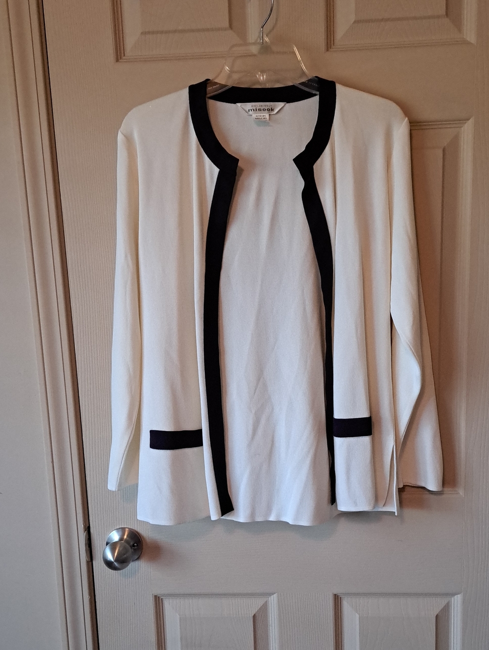 Misook Cream Open Knit Cardigan with Black Trim